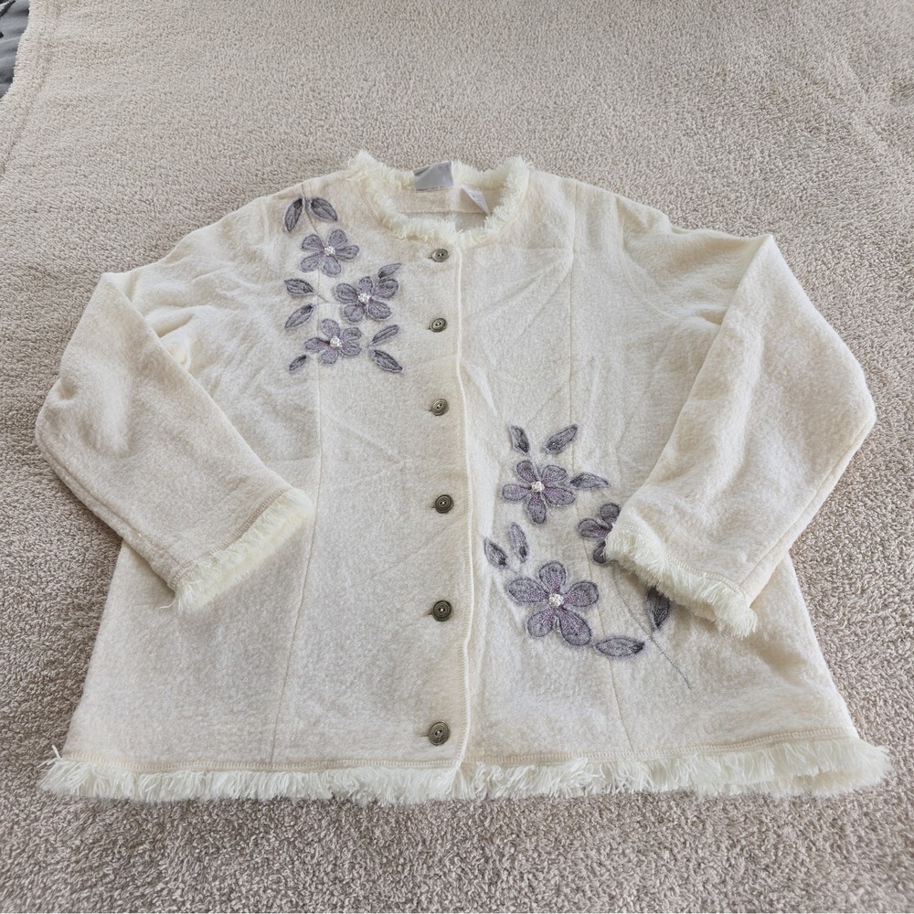 Alfred Dunner Women's Cardigan Cream Floral Pearls Fringe 100% Wool Boho-chic L - Picture 9 of 13